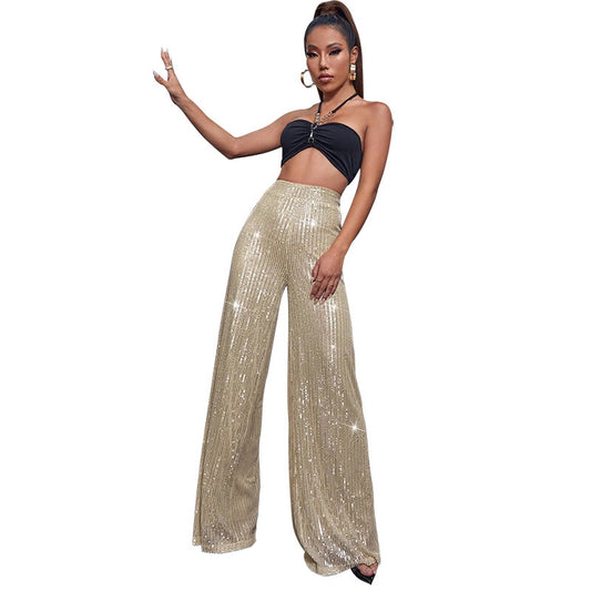 High-waisted sequined loose wide-leg pants for women