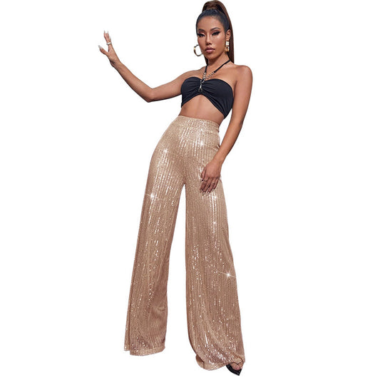 High-waisted sequined loose wide-leg pants for women