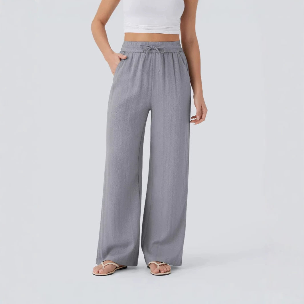 High Waisted Wide Leg Drawstring Linen Pants