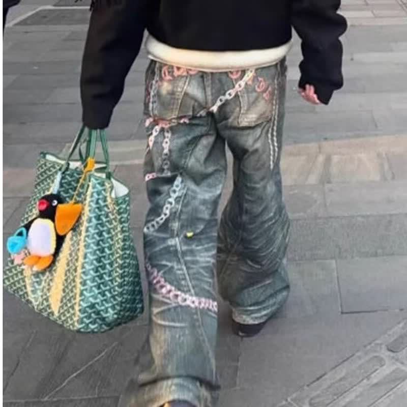 Hip-hop chain print jeans