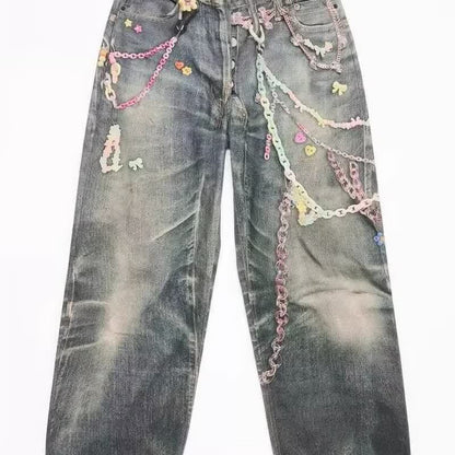 Hip-hop chain print jeans