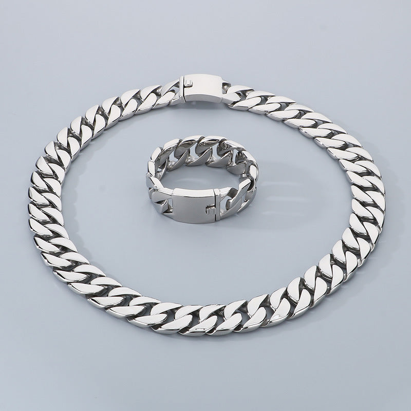 Hip Hop Cuban Chain Titanium Steel Necklace Bracelet Set