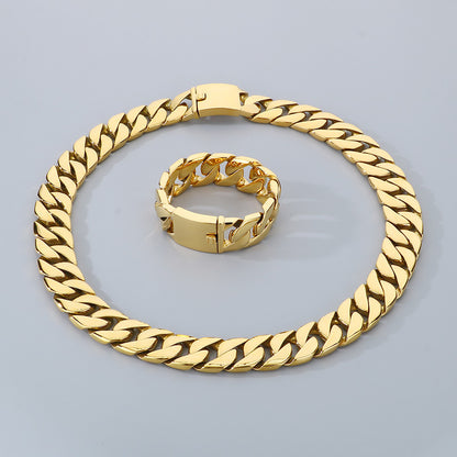 Hip Hop Cuban Chain Titanium Steel Necklace Bracelet Set