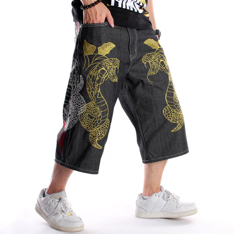 Hip-Hop Embroidered Denim Shorts for Men