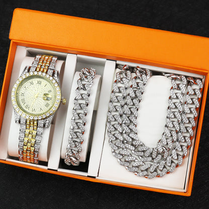 Hip Hop Quartz Watch with Cuban Bracelet and Necklace Set