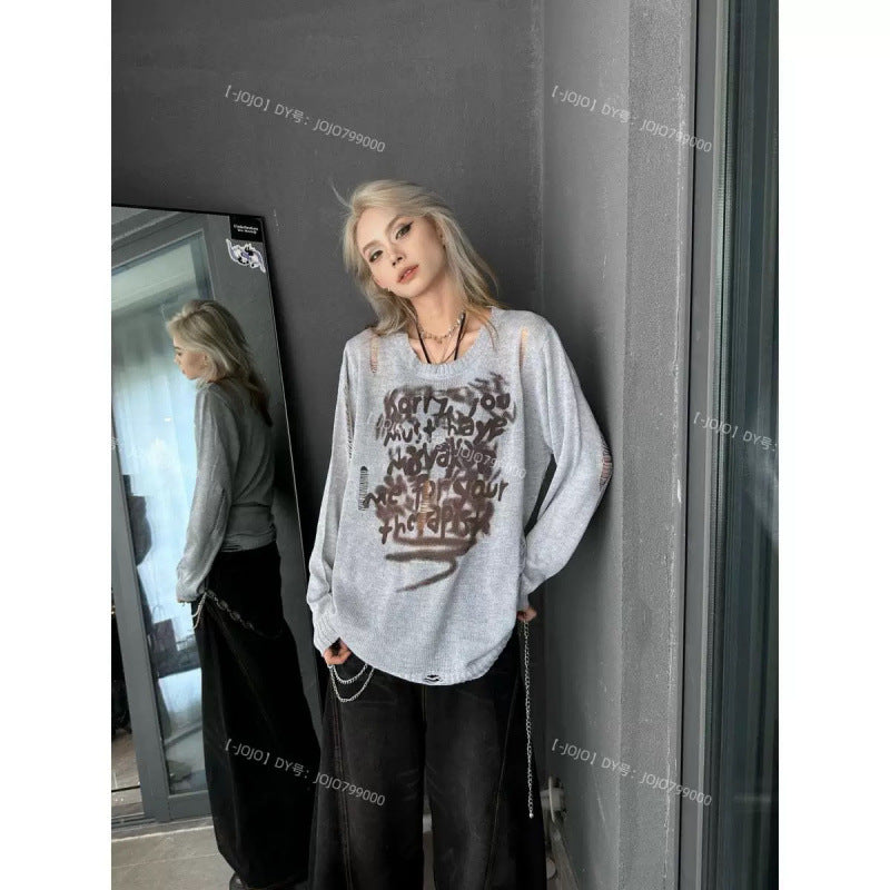 Hole-embroidered sun-protective knitted sweater