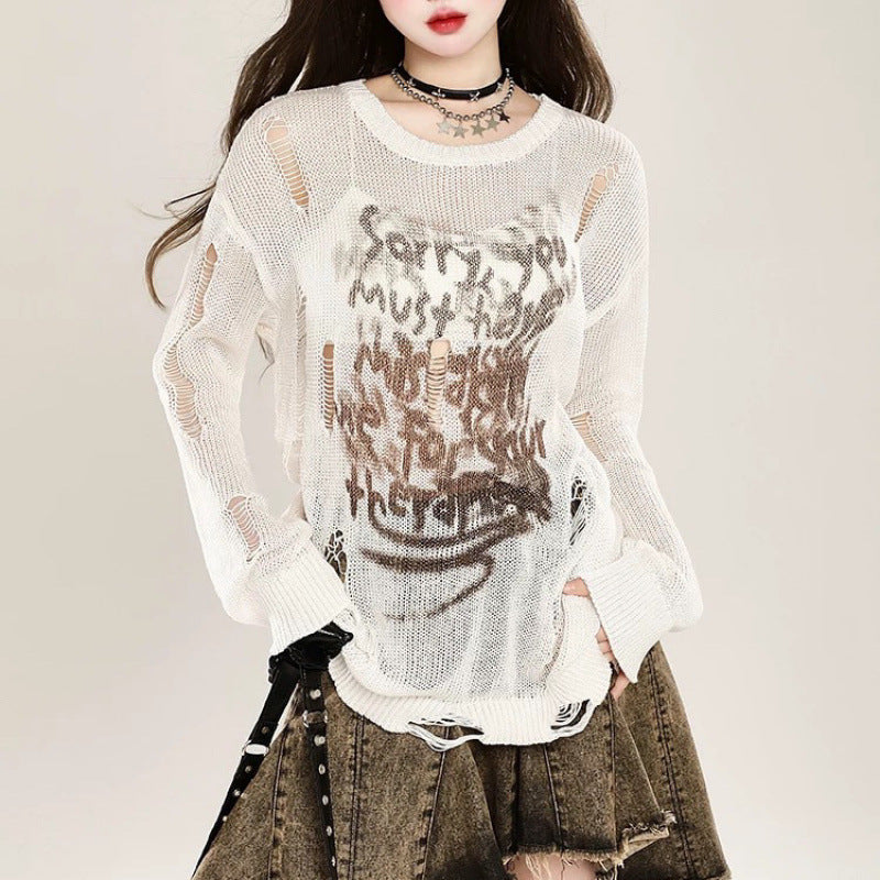 Hole-embroidered sun-protective knitted sweater