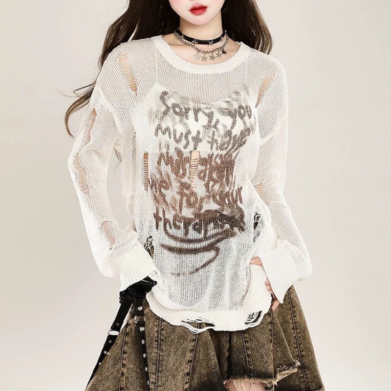 Hole-embroidered sun-protective knitted sweater