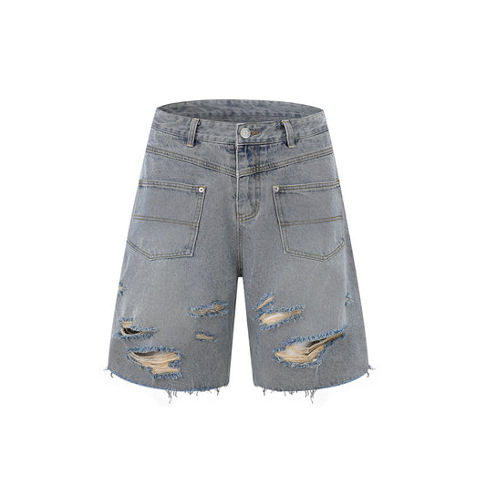 Hole-fronted denim zipper pants denim pants