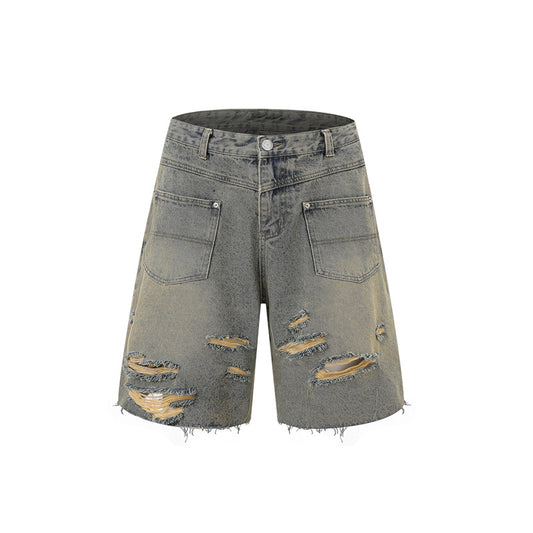 Hole-fronted denim zipper pants denim pants