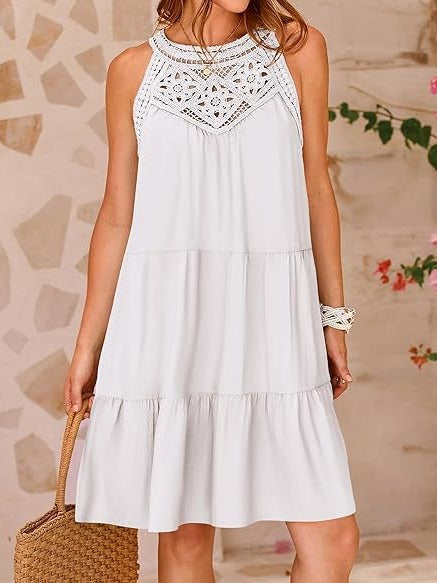 Hollow backless dress casual sleeveless A- line layered swing tank dress