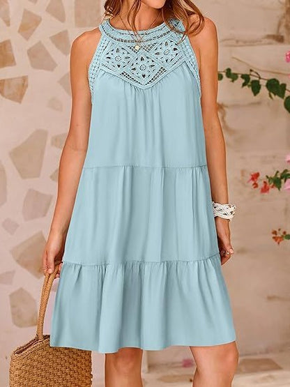 Hollow backless dress casual sleeveless A- line layered swing tank dress