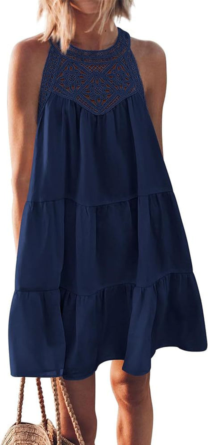 Hollow backless dress casual sleeveless A- line layered swing tank dress