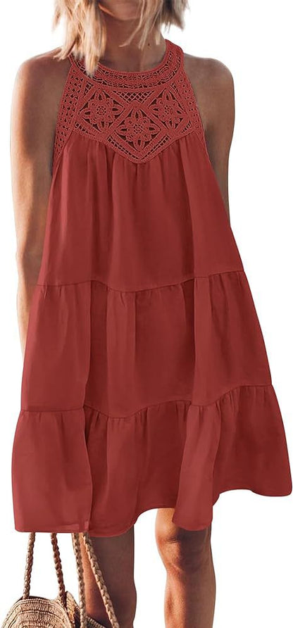 Hollow backless dress casual sleeveless A- line layered swing tank dress