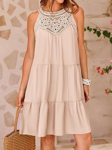 Hollow backless dress casual sleeveless A- line layered swing tank dress