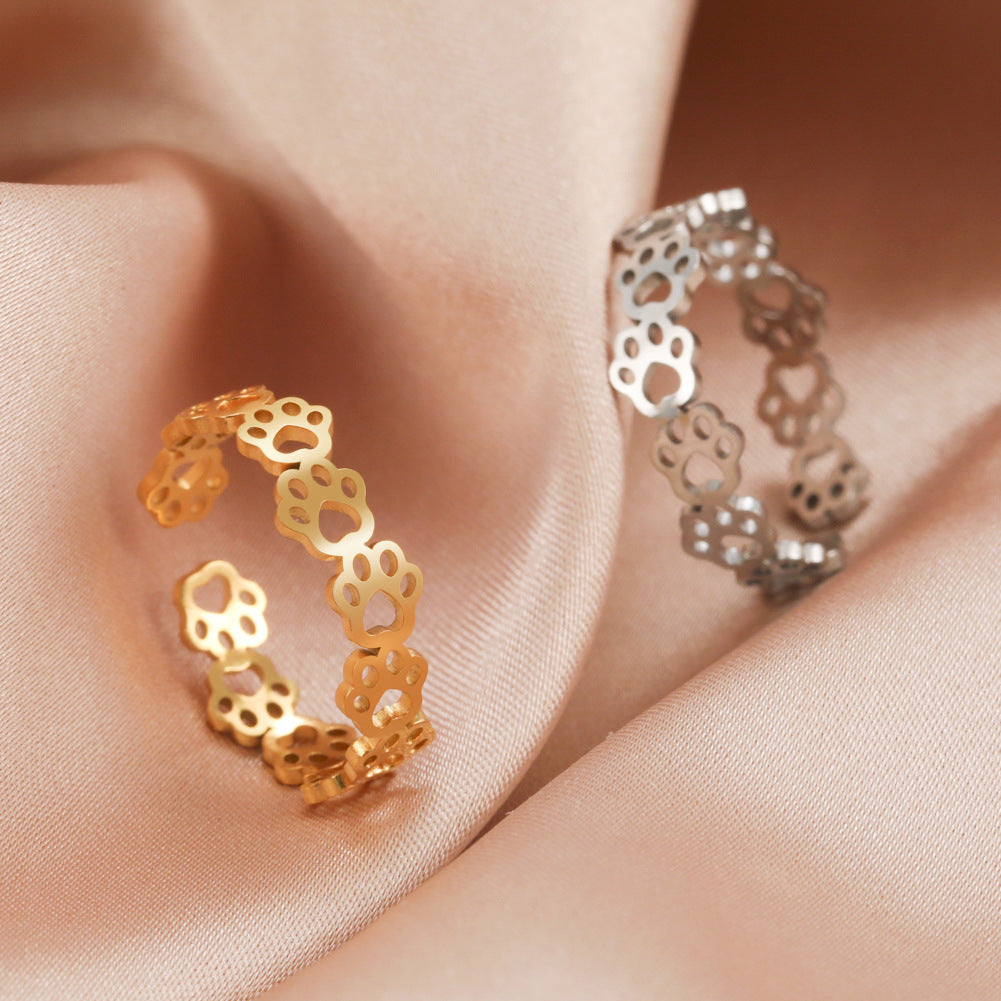 Hollow Cat Paw Stainless Steel Adjustable Ring