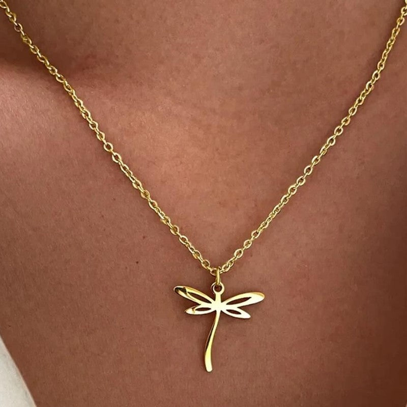 Hollow Dragonfly Gold Plated Titanium Steel Necklace