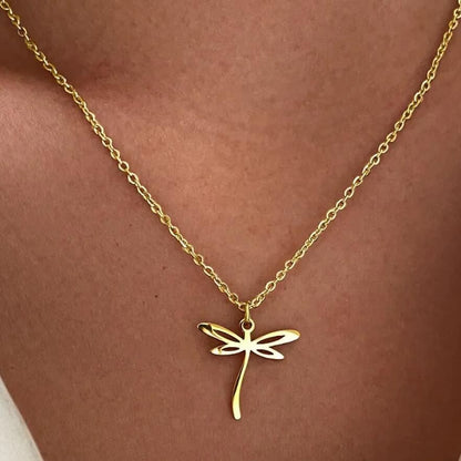 Hollow Dragonfly Gold Plated Titanium Steel Necklace