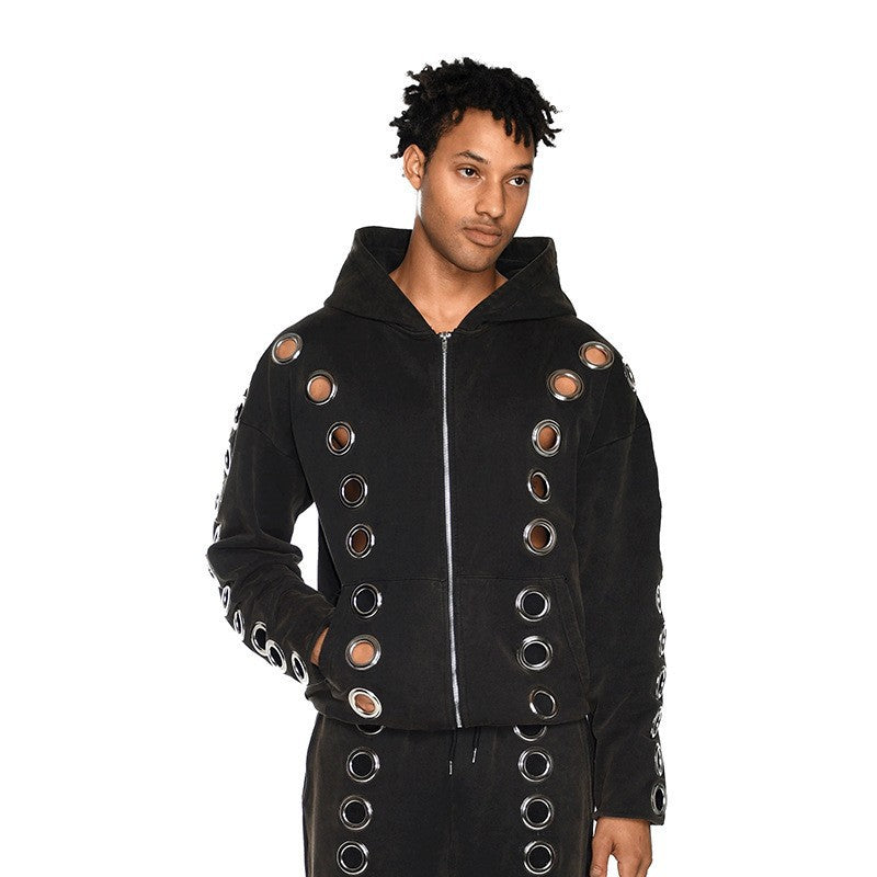 Hollow-out Iron Ring Zip-up Hoodie