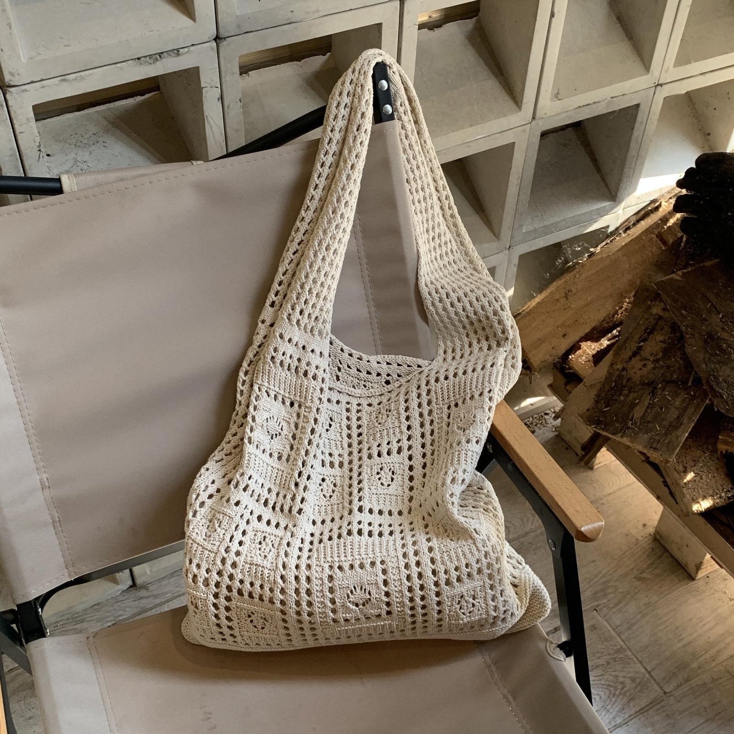 Hollow-Out Knitted Beach Tote Bag