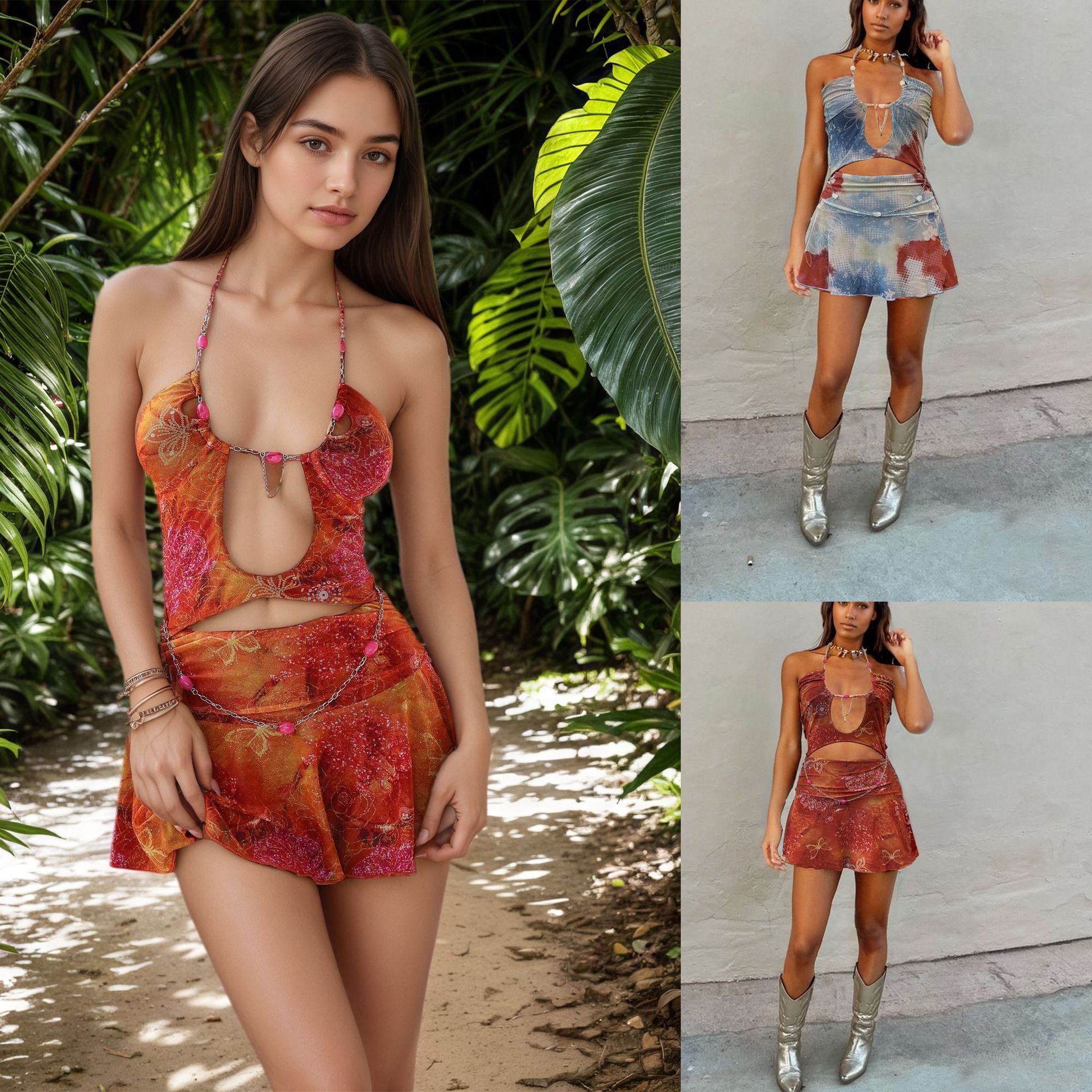 Hollow-out patchwork dress