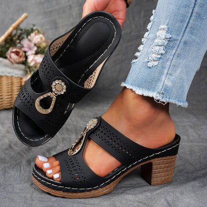 Hollow Rhinestone Flat Slippers