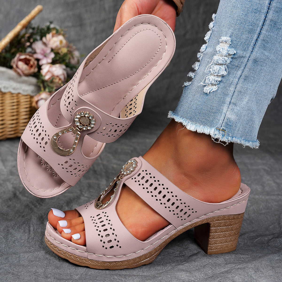 Hollow Rhinestone Flat Slippers