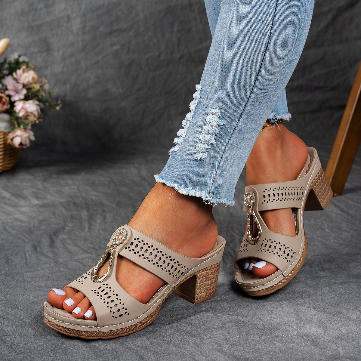Hollow Rhinestone Flat Slippers