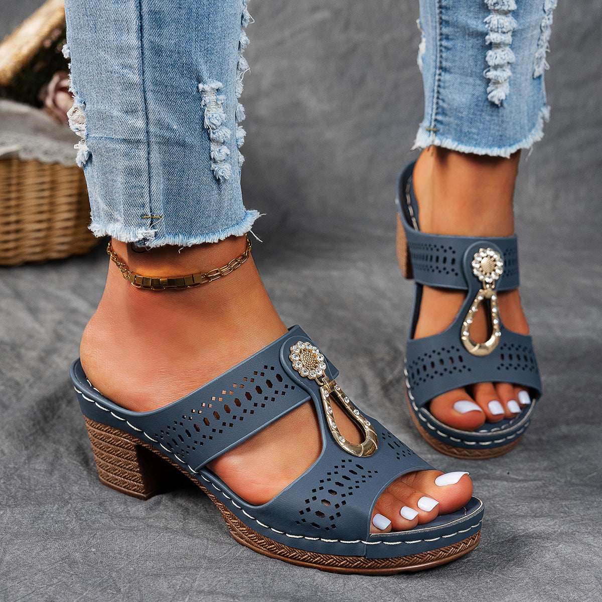 Hollow Rhinestone Flat Slippers
