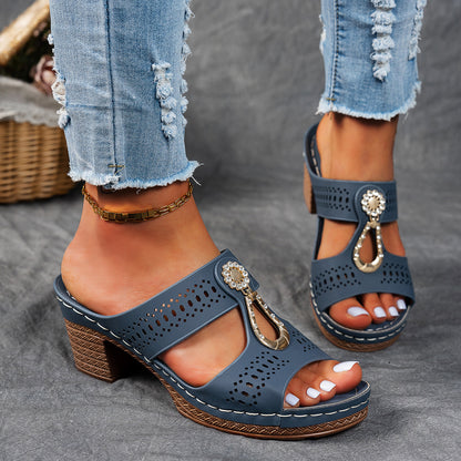 Hollow Rhinestone Flat Slippers