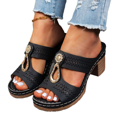 Hollow Rhinestone Flat Slippers