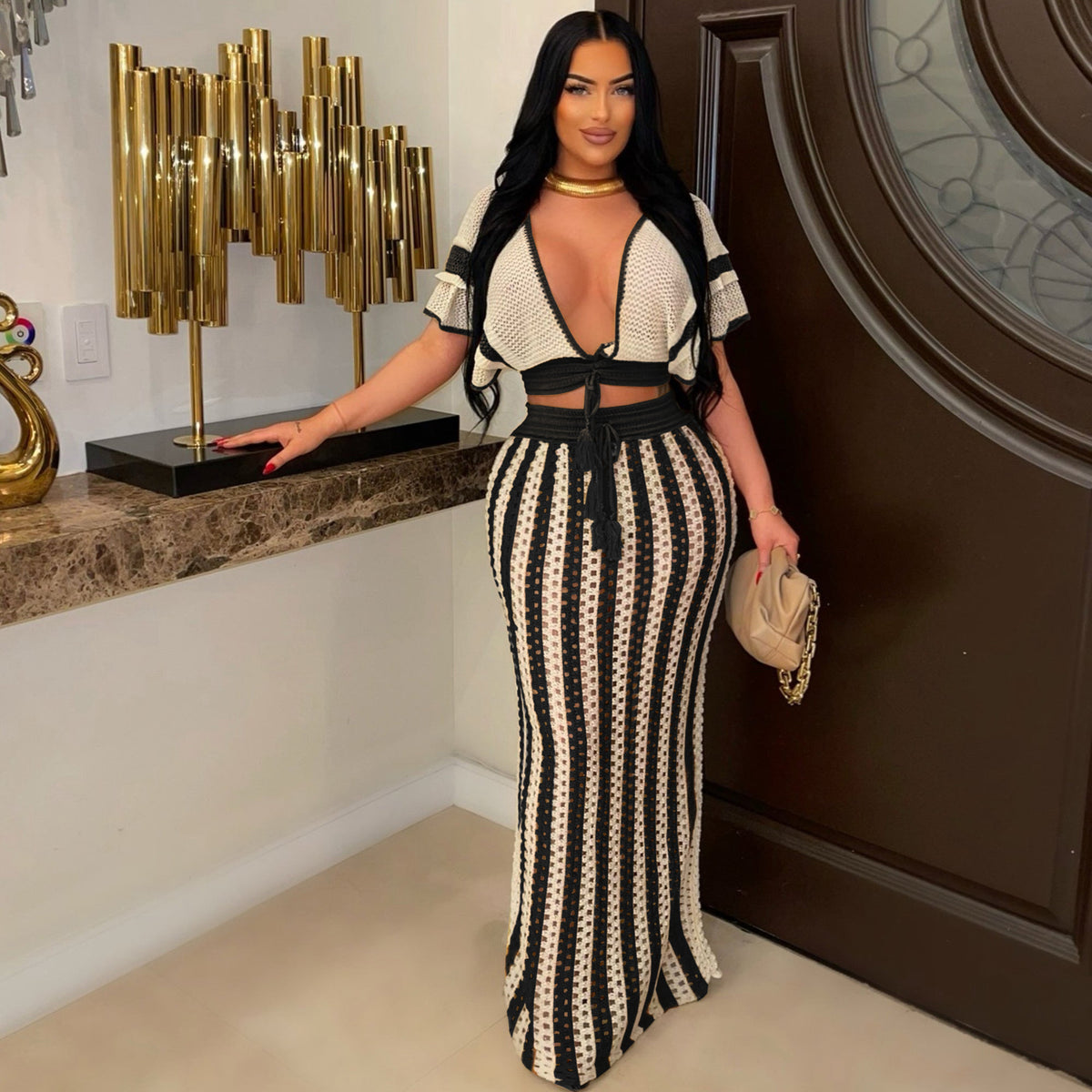Hollow Striped Knitted Women's Dress