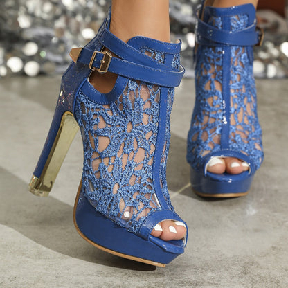 Hollowed-out, waterproof-platform high-heeled sandals