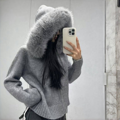 Hooded Double Zipper Knitted Cardigan with Fur Collar
