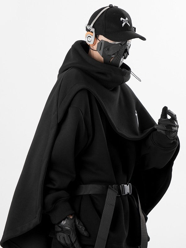 Hooded faux two-piece pullover cape coat