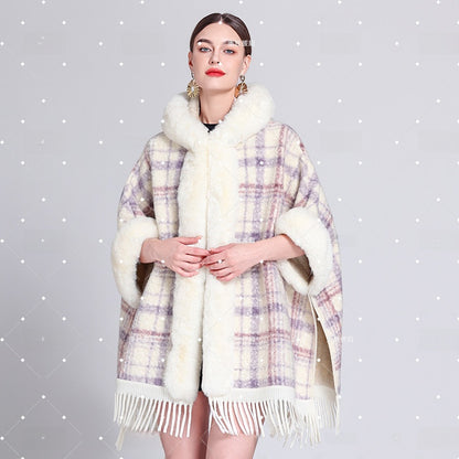Hooded Fleece-Lined Cape with Tassel