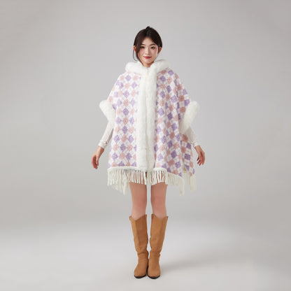 Hooded Fleece-Lined Cape with Tassel