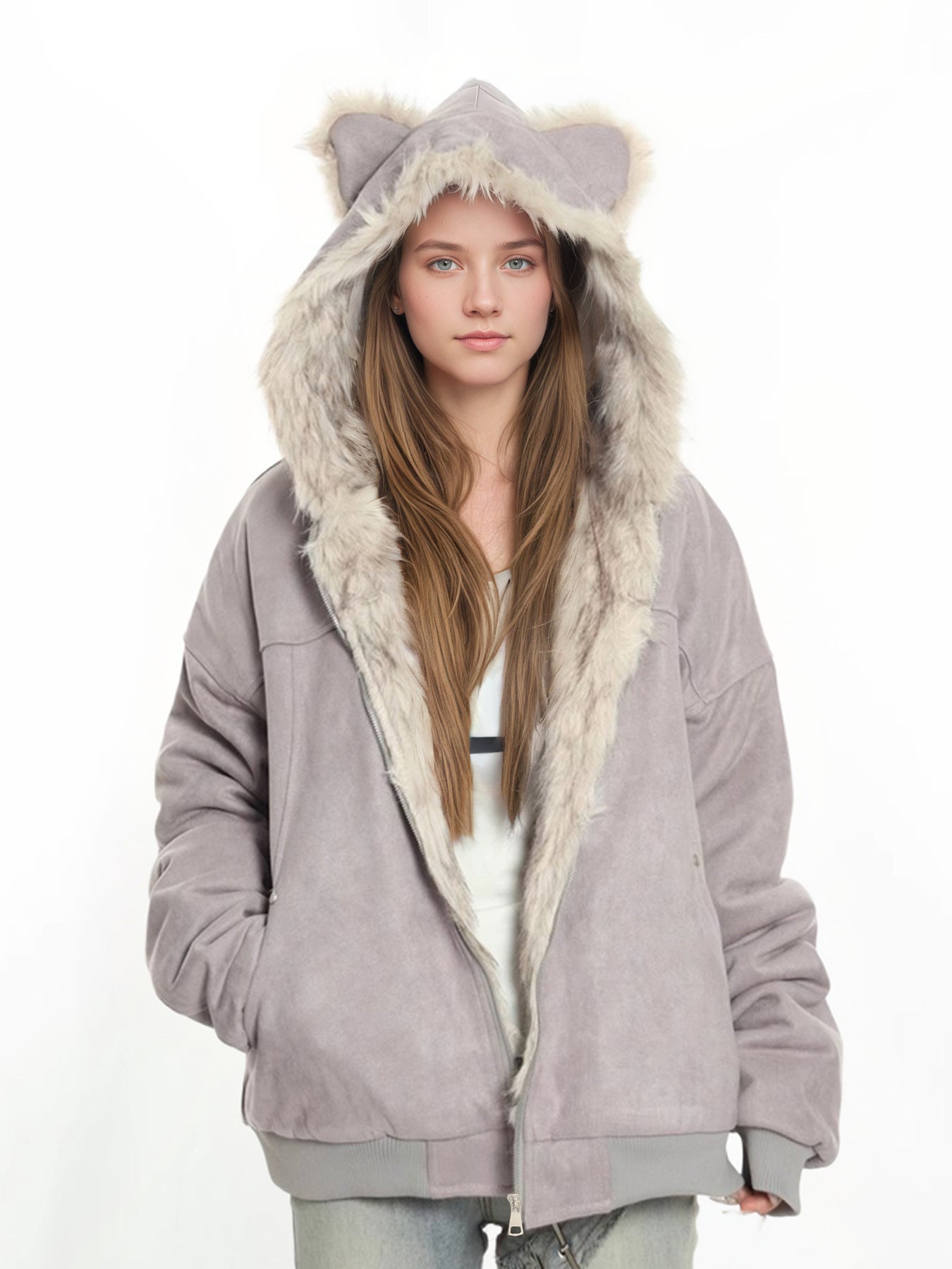 Hooded Fur Collar Jacket with Cat Ear Details