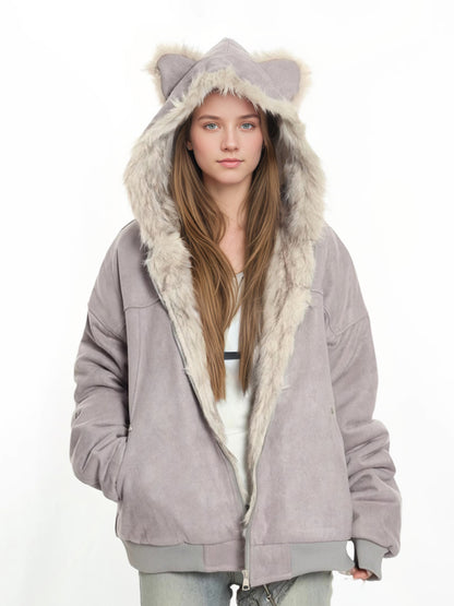 Hooded Fur Collar Jacket with Cat Ear Details