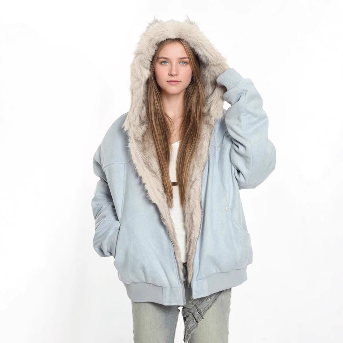 Hooded Fur Collar Jacket with Cat Ear Details