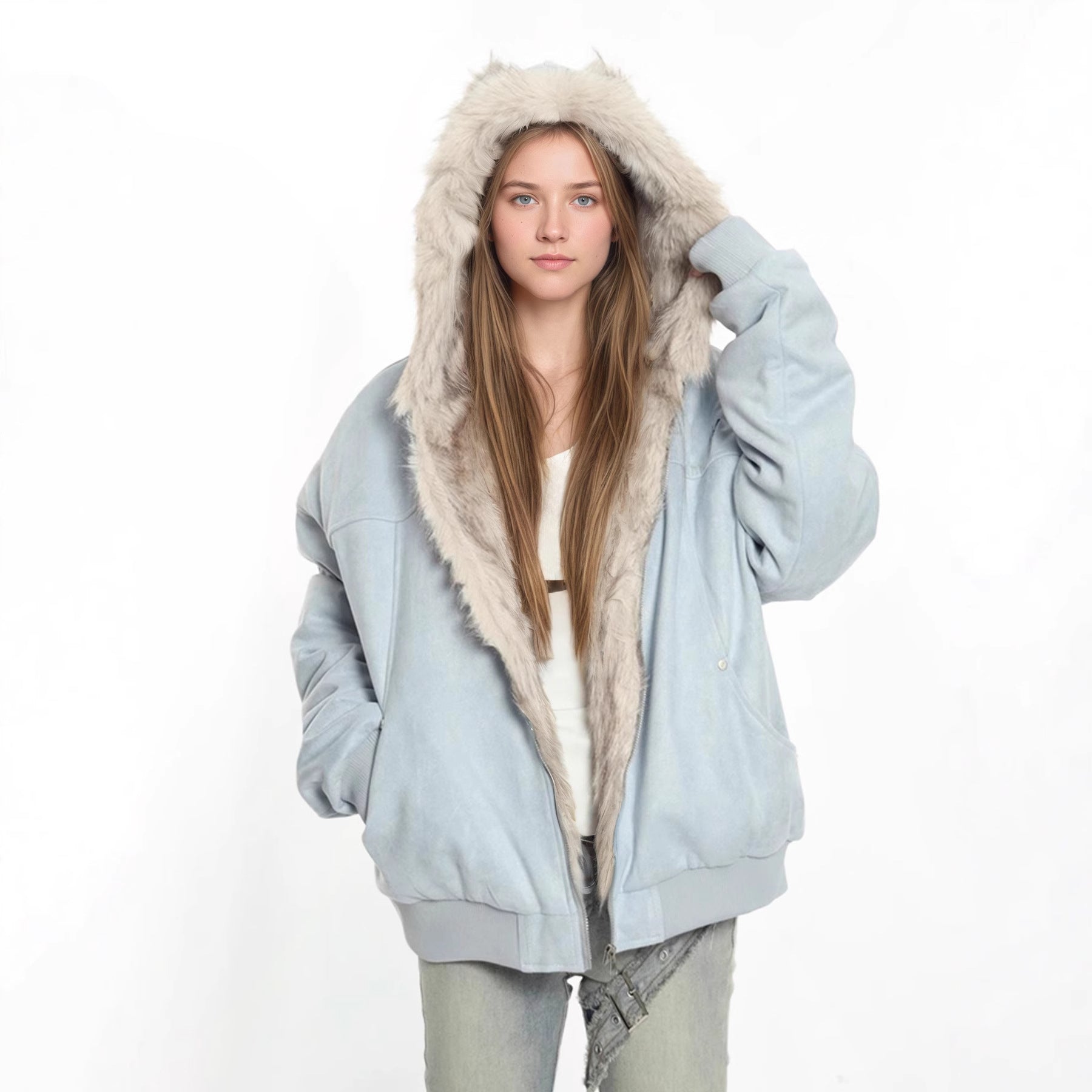 Hooded Fur Collar Jacket with Cat Ear Details