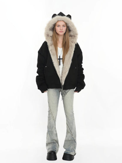 Hooded Fur Collar Jacket with Cat Ear Details