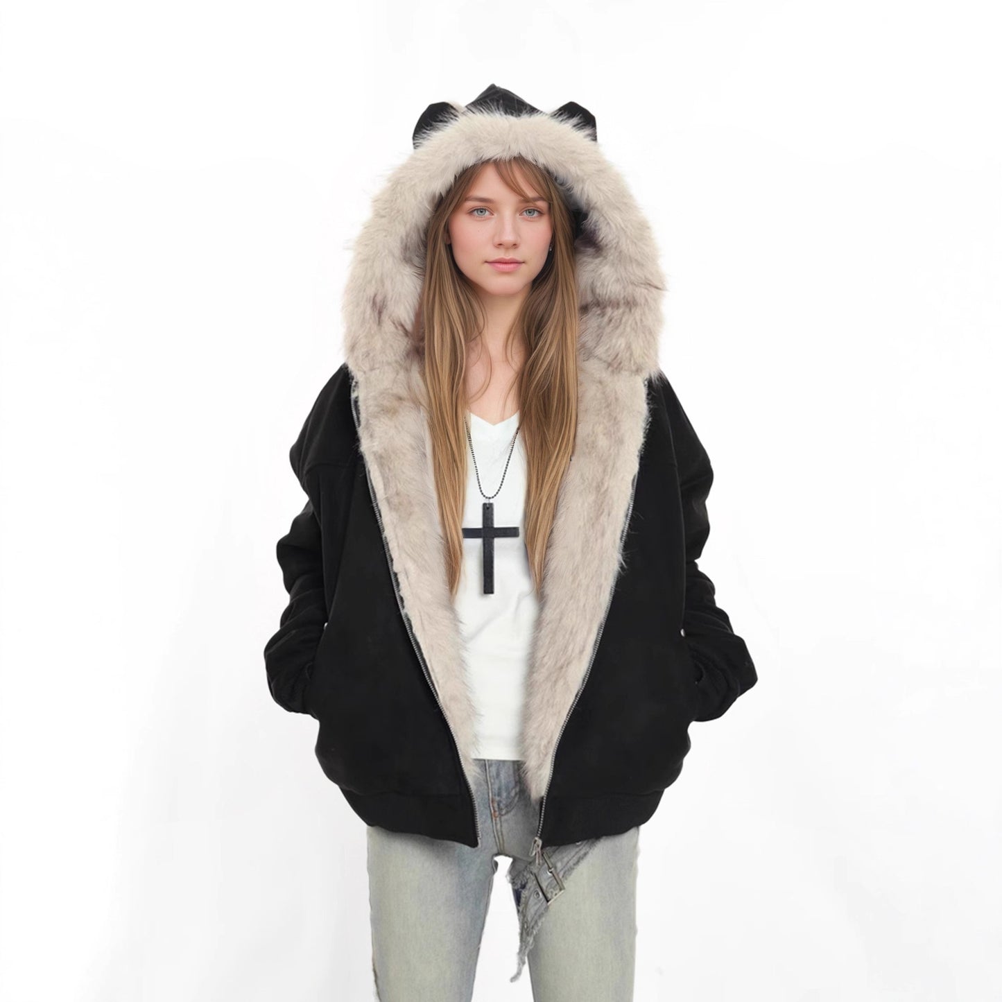 Hooded Fur Collar Jacket with Cat Ear Details