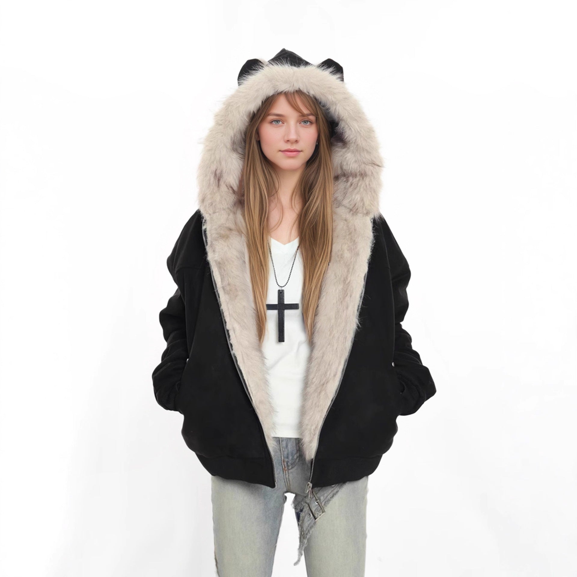 Hooded Fur Collar Jacket with Cat Ear Details
