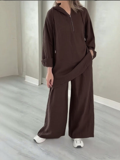 Hooded Half-Zip Top and Wide-Leg Pants Set