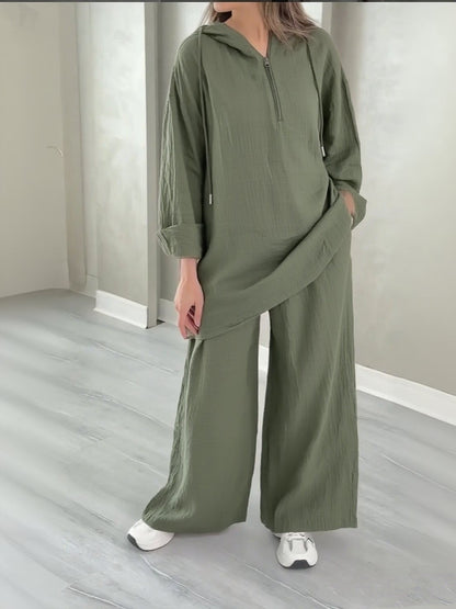 Hooded Half-Zip Top and Wide-Leg Pants Set