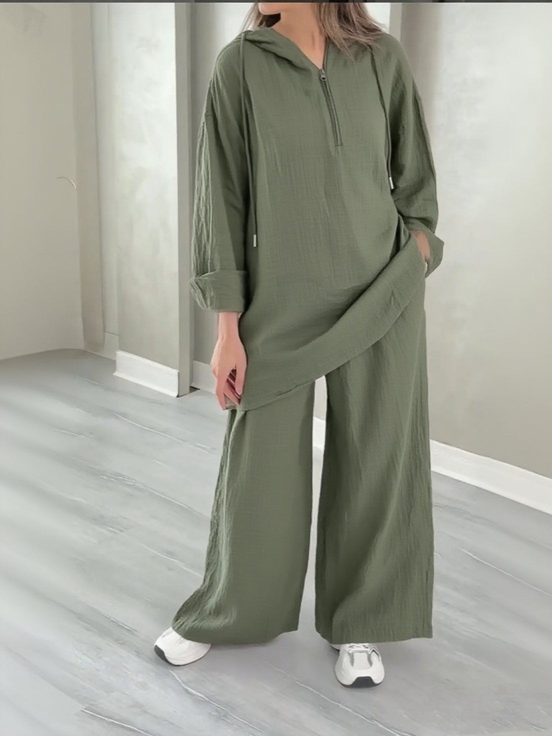 Hooded Half-Zip Top and Wide-Leg Pants Set