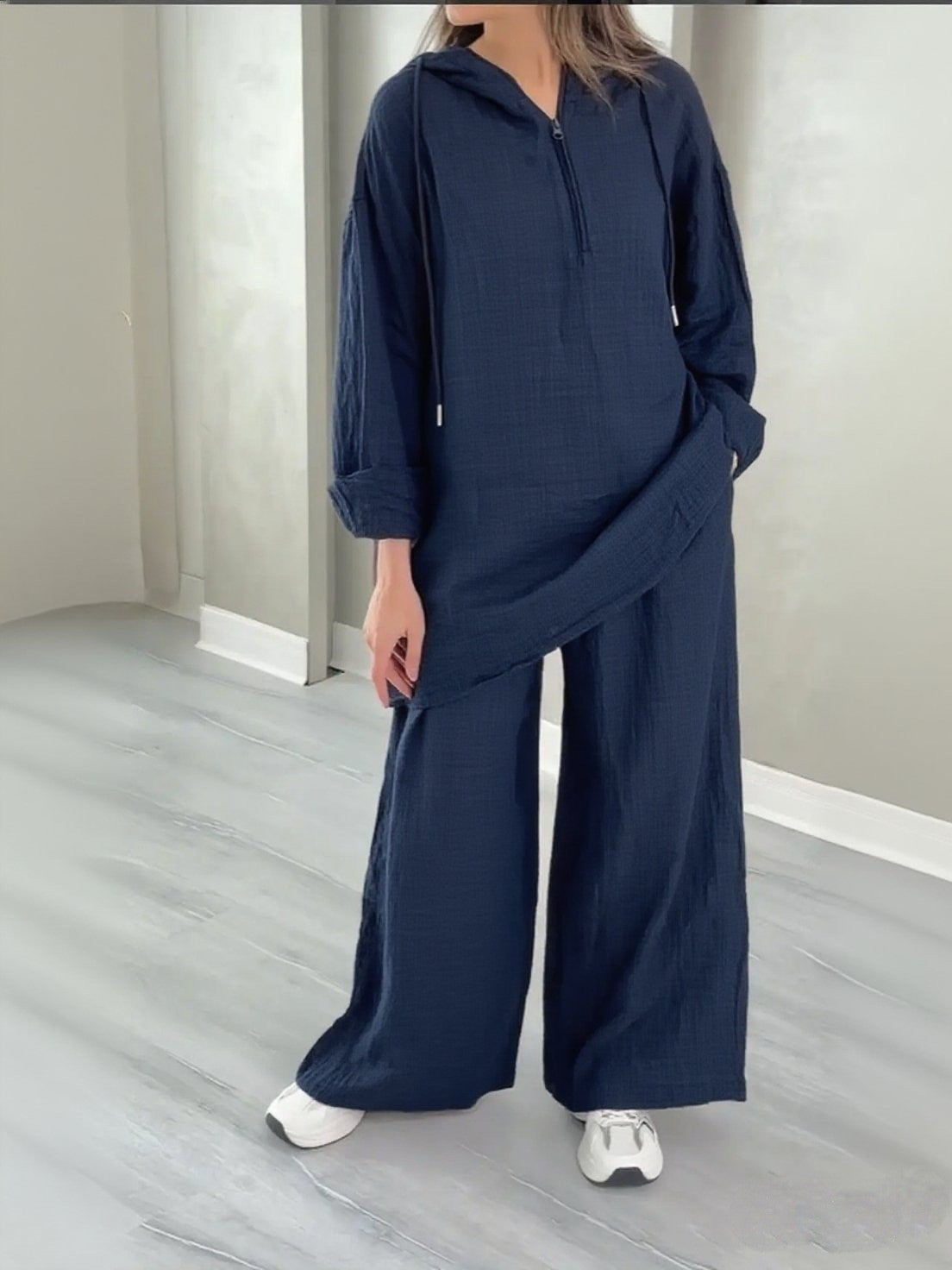 Hooded Half-Zip Top and Wide-Leg Pants Set