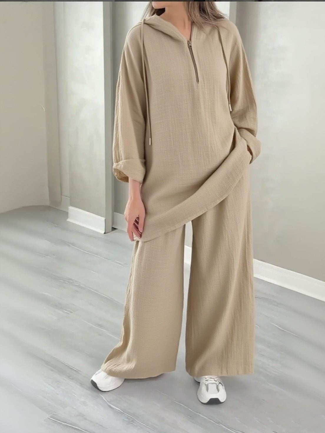 Hooded Half-Zip Top and Wide-Leg Pants Set