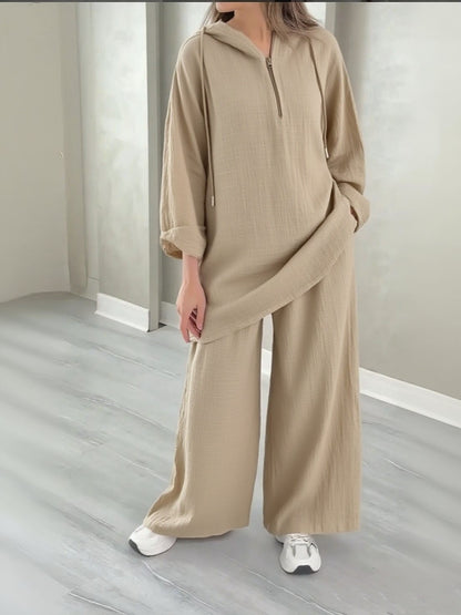 Hooded Half-Zip Top and Wide-Leg Pants Set